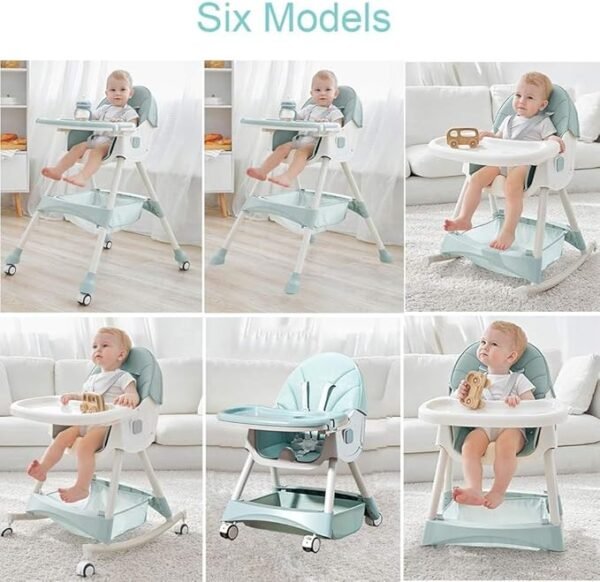 Silla mecedora con babero, vaso entrenador y plato de comida