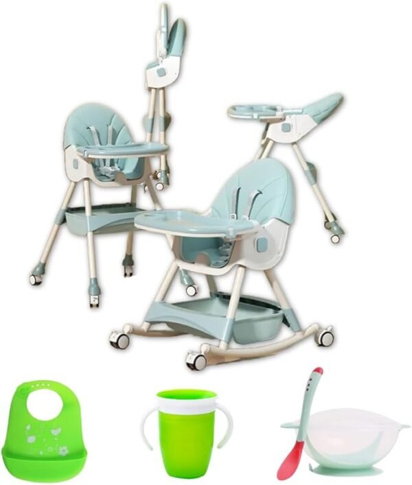 Silla mecedora con babero, vaso entrenador y plato de comida